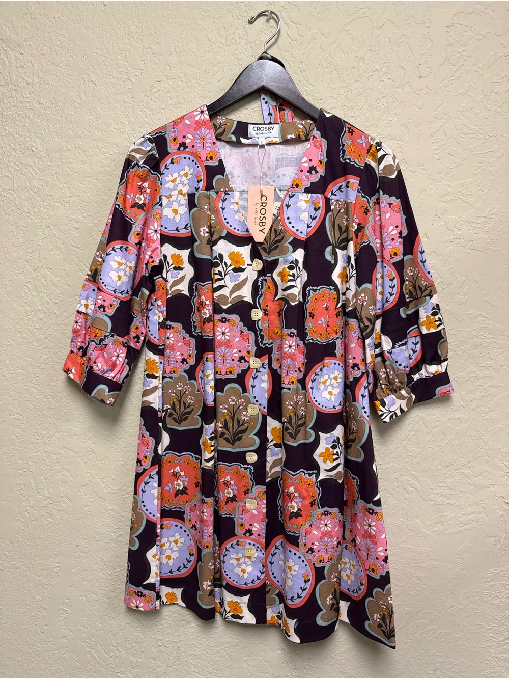 Vibrant Floral Tie-Neck Shift Dress in Plum and Coral